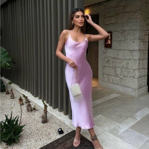 Zara Lavender Satin Effect Midi Slip Dress - Picture 1 of 7